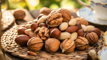 Close-up of mixed nuts in their shells on a rustic wooden table