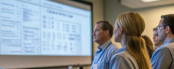 Team of employees gathered for a training session, reviewing new SOPs projected on a large screen