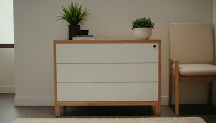 White Dresser with Plants and Lamp 55