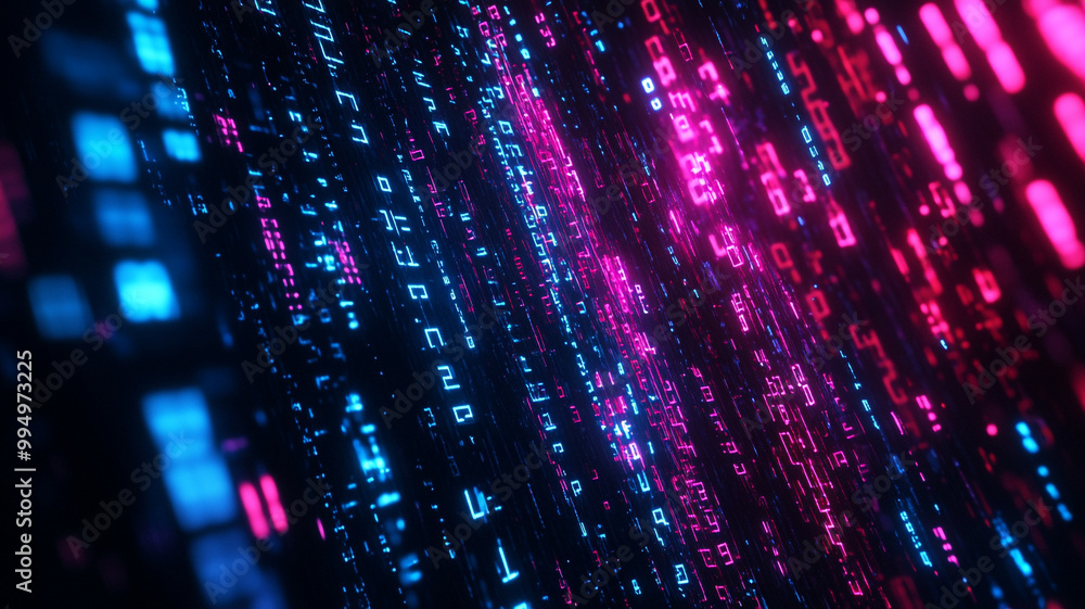 Poster colorful digital data streams flow vertically in a high-tech abstract background design