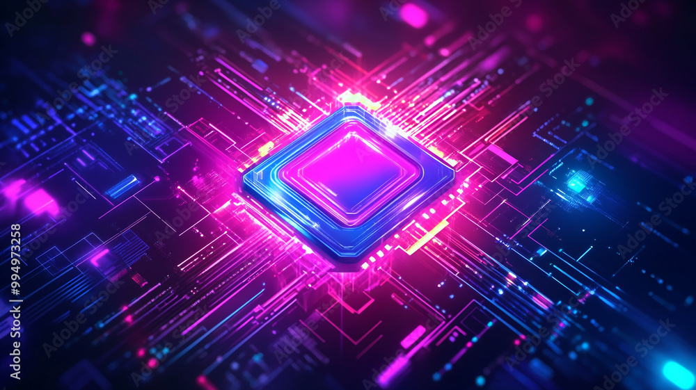 Aufkleber colorful digital circuit board highlighting a microchip in an abstract technology design