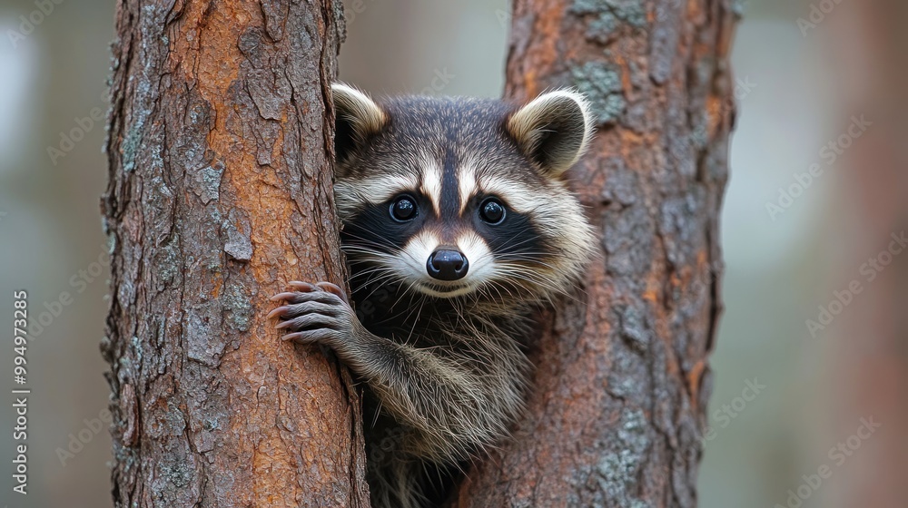 Poster a curious raccoon peeks from behind a tree in a forest setting.