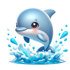 A 3D cute little dolphin, water splashes, jumps out  isolated PNG