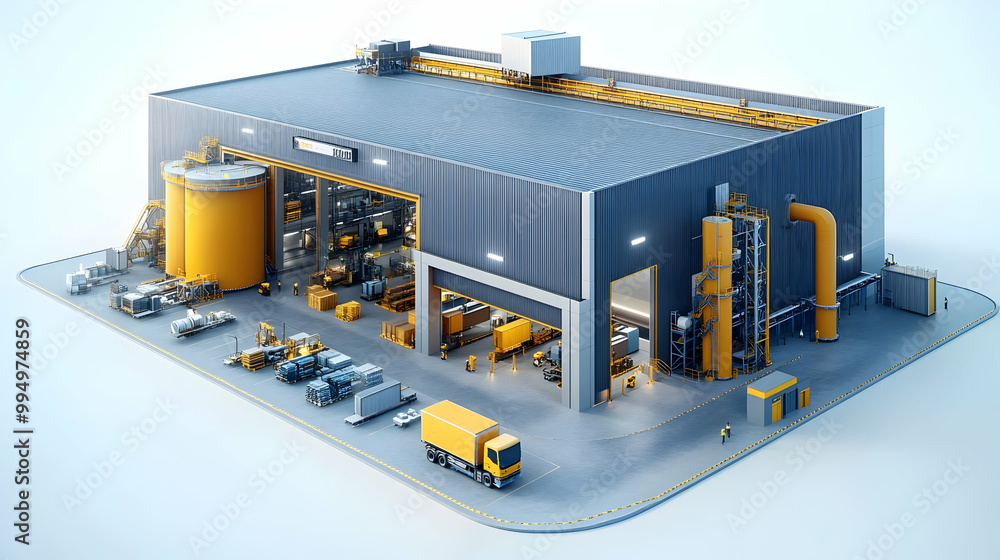 Poster industrial building with loading dock and forklifts, 3d rendering