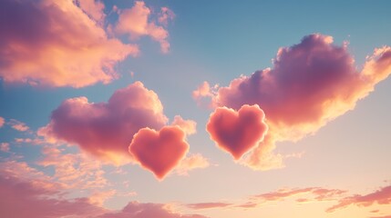 A serene dusk sky with a few clouds shaped like intertwined hearts, floating gracefully in warm