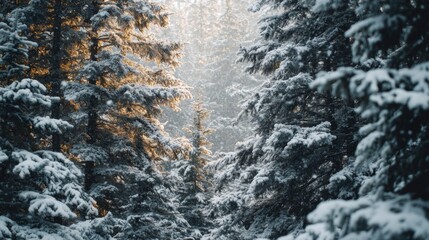 Snow-covered Pine Trees in a Winter Forest with Sun Shining Through