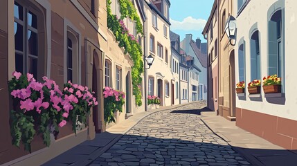 Obraz premium A cobblestone street winds through a charming European village, lined with colorful buildings and flowers.