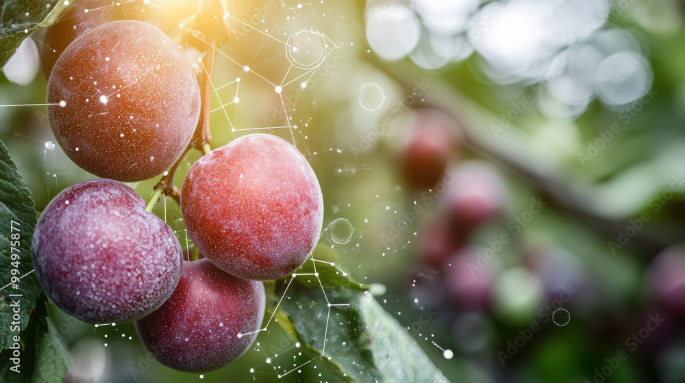 Poster fresh plums on tree branch with digital elements representing technology and data analysis. this ima