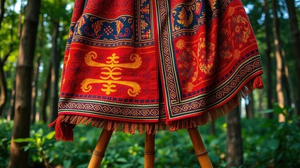 A close-up of a traditional clothing item with intricate patterns and symbols is displayed on a bamboo stand amidst a serene forest backdrop, conveying cultural heritage and storytelling.