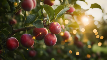 Obraz premium Fresh plums hanging on tree branch in vibrant orchard, illuminated by soft sunlight, create serene and inviting atmosphere. lush green leaves complement rich red hues of fruit