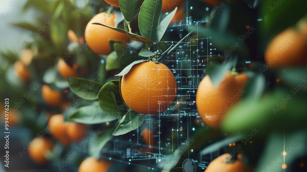 Poster oranges growing on trees with digital data overlay, showcasing intersection of agriculture and techn