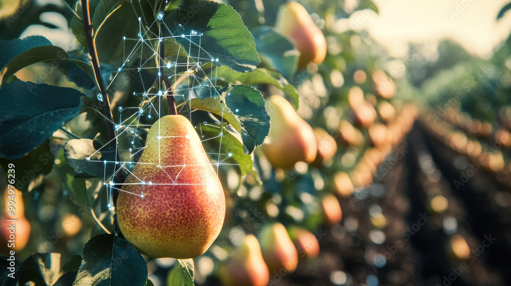 Poster pear tree in orchard showcases ripe pears with digital overlay representing data connectivity and gr