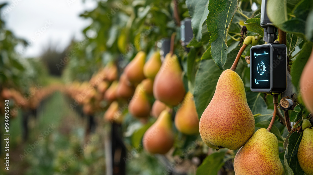 Poster automated iot systems monitor size and growth rate of pears in orchard, showcasing advanced agricult
