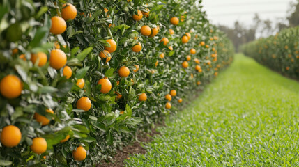 Lush orange grove with vibrant oranges hanging from trees, showcasing growth and maturity of fruit. green grass pathway adds refreshing touch to serene landscape