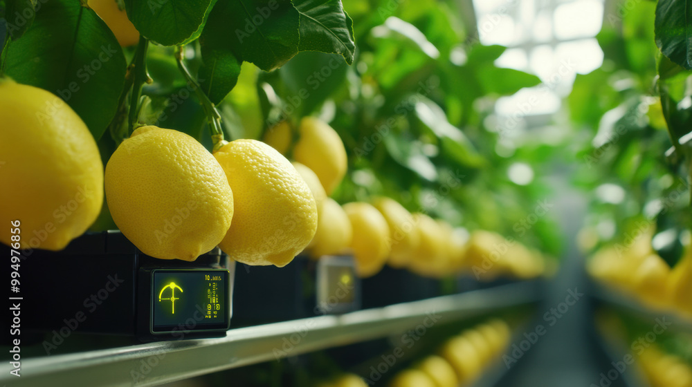 Poster lemon trees with ripe lemons are monitored by advanced sensors in greenhouse, showcasing integration