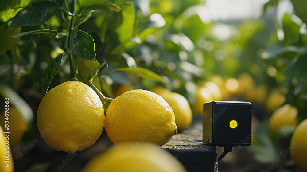 Poster lemon trees with ripe lemons and sensor device monitoring growth and acidity levels. this technology