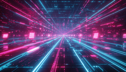 Fototapeta premium A retro-futuristic design with neon grids, VHS glitches, and pixelated elements, taking inspiration from 80s sci-fi movies and video games