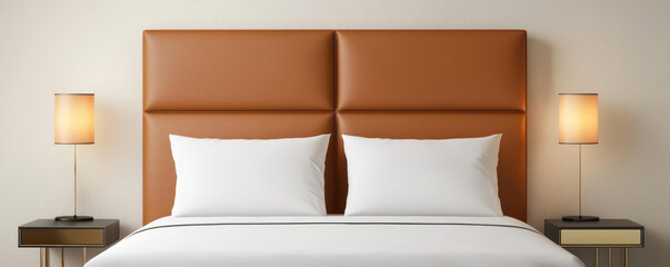 Closeup of a vegan leather headboard in a sleek bedroom design, paired with metallic bedside tables and warm lighting for a luxurious look, 3D illustration