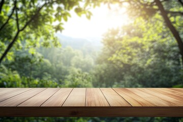Table top wood counter floor podium in nature outdoors.generative ai