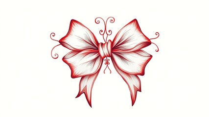 Fototapeta premium A delicate, hand-drawn illustration of a whimsical red and white bow, adorned with intricate curls and motifs, set against a crisp white background.