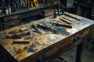 A well-worn wooden workbench covered in scratches and stains from years of use. Hand tools, including chisels and hammers, are scattered across the surface