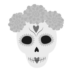 Female Skull in flowers wreath and ornament on face in grayscale. Day of the dead Cute character