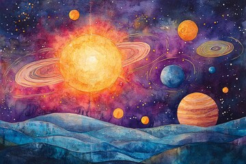 Watercolor Painting of Celestial Dance: Planets with Rings and Moons Orbiting Bright Star