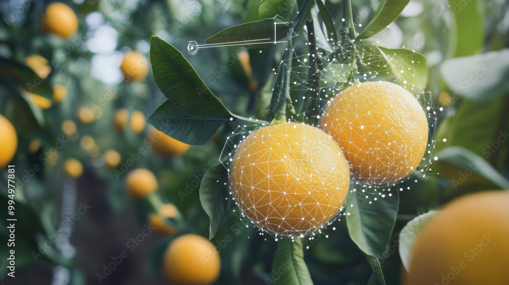 Poster oranges growing on trees with iot sensors tracking their growth process, showcasing blend of nature 