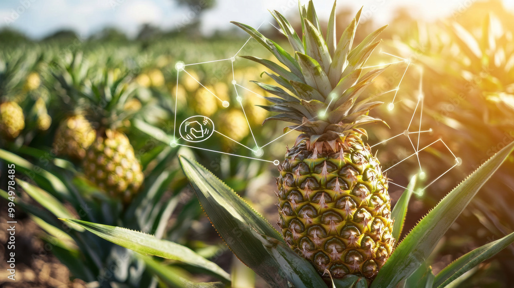 Poster pineapple plants in field with digital technology overlay, showcasing iot based imaging systems for 