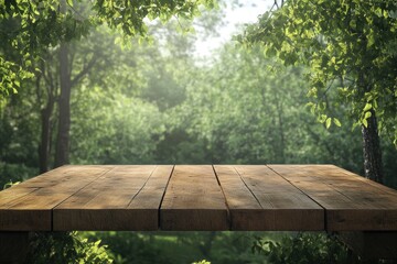 Fototapeta premium Table top wood counter floor podium in nature outdoors.generative ai