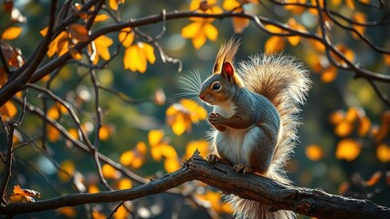 Obraz premium A fluffy-tailed squirrel perches on a branch, its bushy whiskers twitching as it gazes out at a sun-dappled forest, surrounded by autumn leaves and twisted tree limbs.