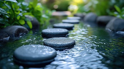 Zen stones and water create a peaceful atmosphere in a green garden, emphasizing relaxation and wellness in a spa context.