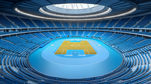 Indoor Arena with Blue Seats and Running Track
