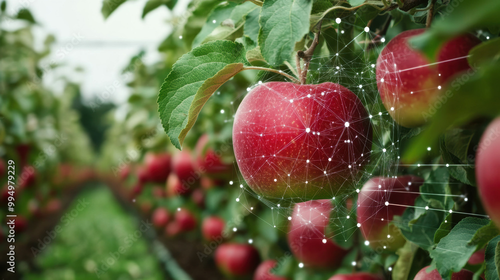 Poster image showcases ripe red apples hanging on trees in orchard, with digital overlay representing machi