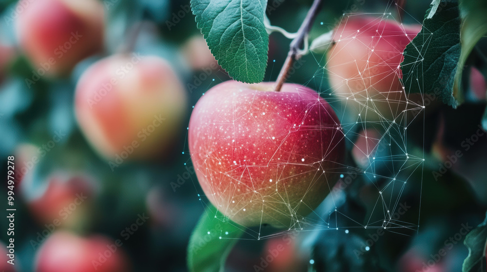 Poster vibrant apple hangs from tree, surrounded by lush green leaves, symbolizing fusion of nature and tec