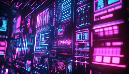 Obraz premium A retro-futuristic design with neon grids, VHS glitches, and pixelated elements, taking inspiration from 80s sci-fi movies and video games