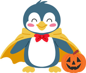 Cute penguin in Halloween costume with pumpkin