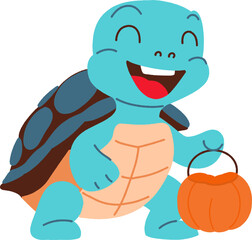 Cute cartoon turtle holding Halloween pumpkin bucket