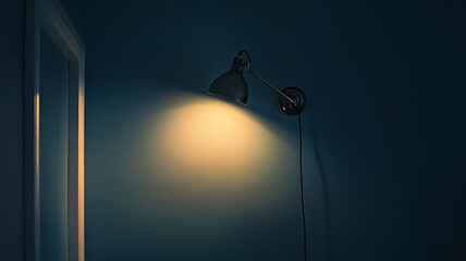 Warm light from a modern wall lamp illuminating a dark blue room in a cozy evening atmosphere