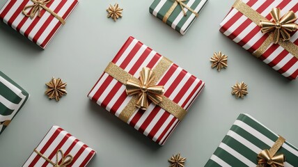 Fototapeta premium Colorful holiday gifts wrapped in festive paper with gold bows, perfect for Christmas celebrations and seasonal decoration ideas.
