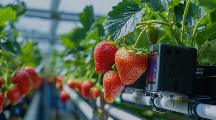 Strawberries growing in greenhouse with smart technology monitoring their growth. vibrant red fruit contrasts beautifully with lush green leaves, showcasing modern agricultural practices