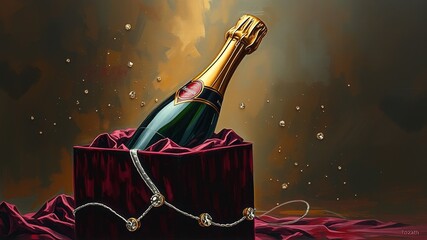 Fototapeta premium A luxuriantly gift-wrapped champagne bottle rises from a velvet-covered box, surrounded by delicate silver thread and a sprinkling of glittering stud diamonds on a dark, richly toned background.