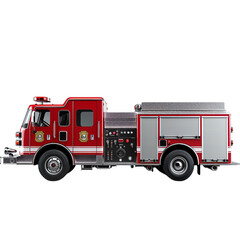 Side view of a red fire truck equipped with firefighting tools and equipment, showcasing emergency response readiness.