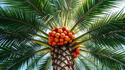 A lush Palmyra palm tree stands tall, its towering trunk adorned with a vibrant bunch of succulent fruit, crowned with delicate fronds and a crown of emerald green leaves.
