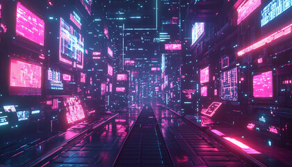 Obraz premium A retro-futuristic design with neon grids, VHS glitches, and pixelated elements, taking inspiration from 80s sci-fi movies and video games
