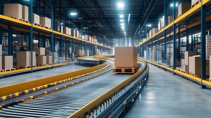 Fototapeta premium Automated Logistics Center with Conveyor Belt Preparing Online Orders for Global Shipping