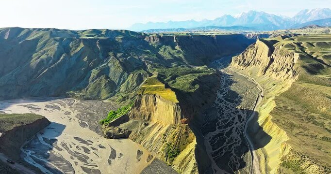 Spectacular Anjihai Grand Canyon natural landscape in Xinjiang. Famous earthquake fault zone scenery in China. Aerial view of mountain faults and canyon rivers.