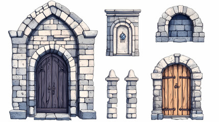 Fototapeta premium Stone vintage arch door elements of the architecture of buildings in the gothic style on isolated transparent background png. generative ai. Baroque Architecture. Illustration