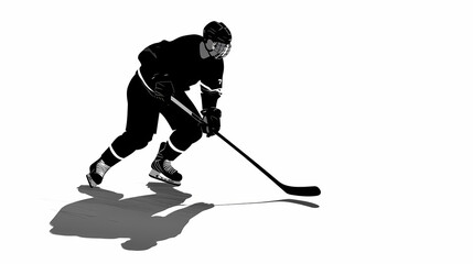 Fototapeta premium Strong silhouette of a hockey player on a white background, with subtle shadow play to highlight shape and form. simple, versatile composition allows easy text addition. Shadow Play. Illustration
