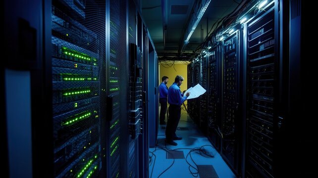 IT staff working in a darkened server room during a simulated power outage, referencing emergency protocols